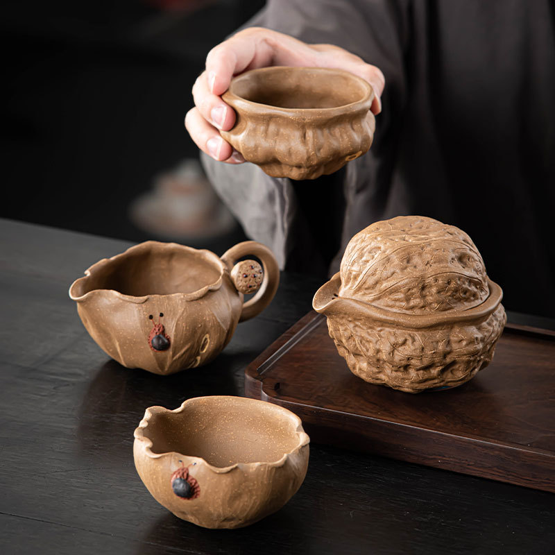宜兴紫砂壶公道杯手工分茶器仿生核桃手抓壶主人杯茶道配件茶具