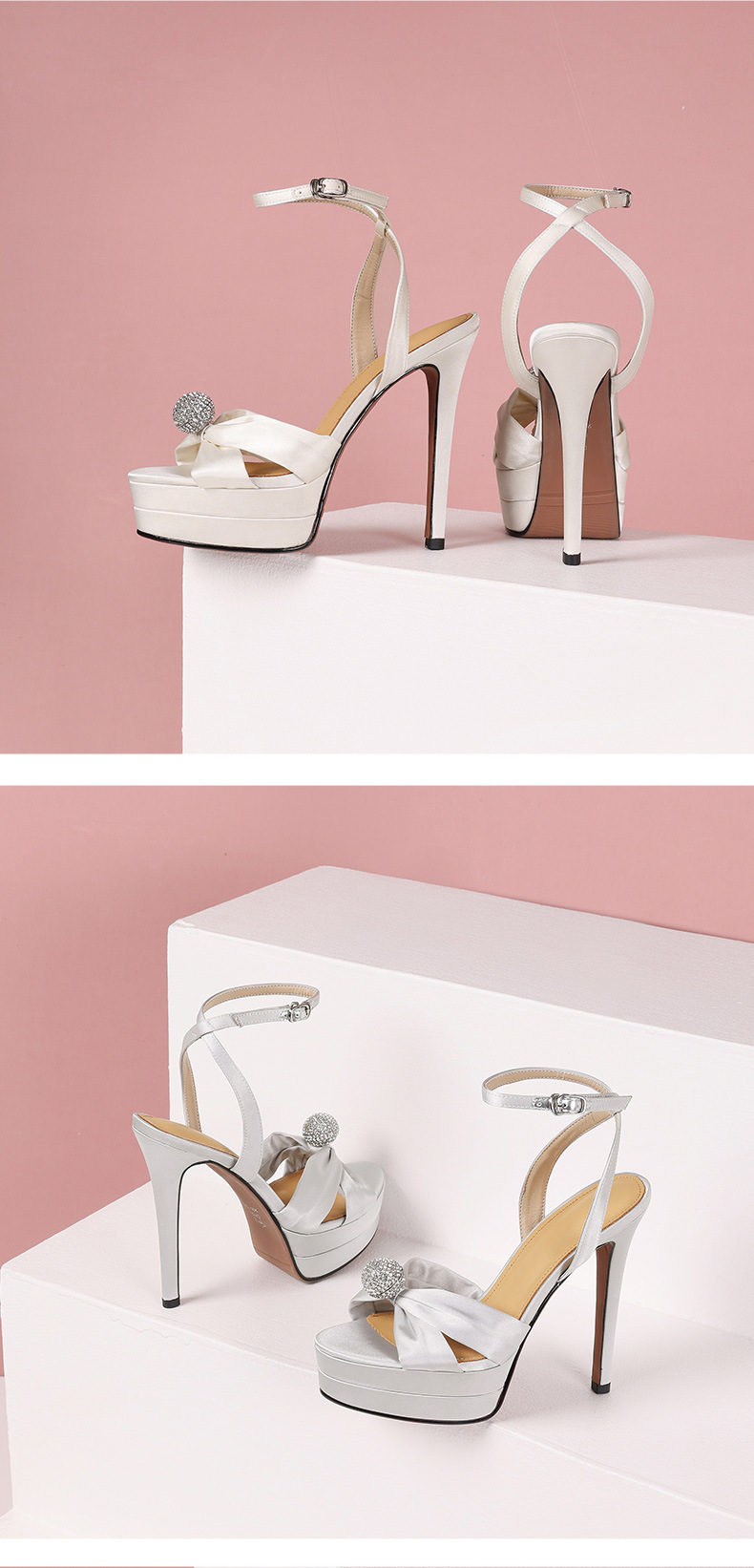 Sandal cao gót nữ satin quai ngang gót nhọn đính đá 13 cm — Màu đen chi tiết 18