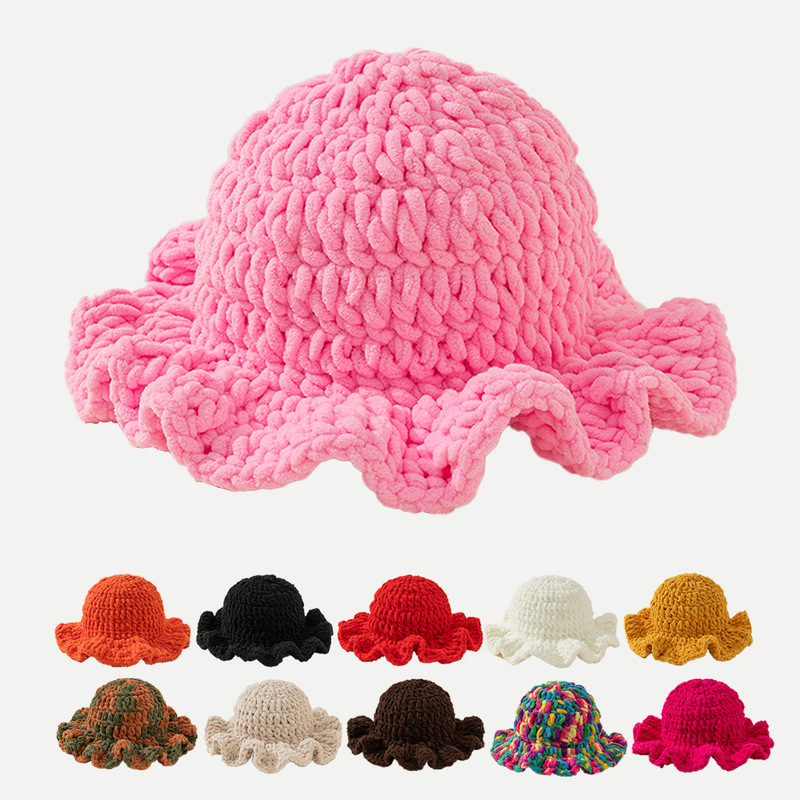 Cross-Border Shein Autumn and Winter Hot-Selling Women's African Handmade Chunky Yarn Wavy Edge Beanie Fisherman Hat Warm Hat