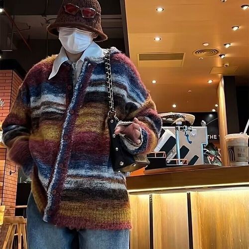 Autumn/Winter Color Striped Contrast Knit Sweater Loose Casual Unisex Slouchy V-Neck Cardigan for Men and Women Retro Style