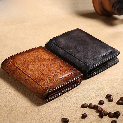 Cross-border agency Manbang men's wallet short style top grain leather brushed color classic three-fold RIFD anti-theft card 