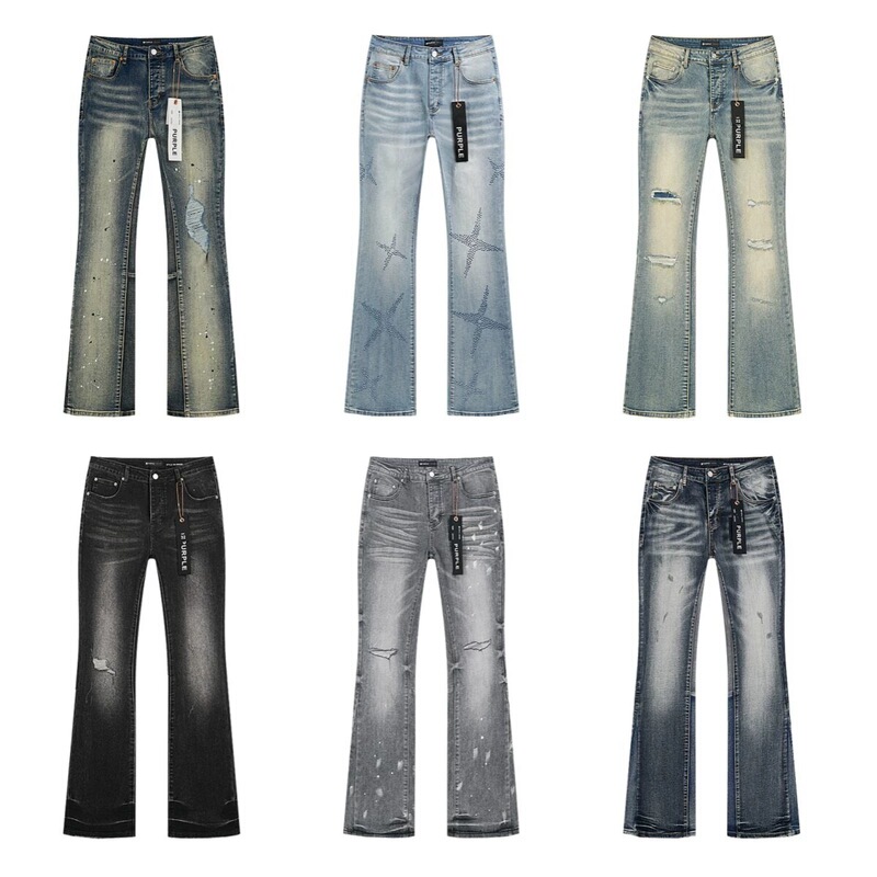 Trendy Spring and Autumn New Vintage Ink-Splattered Ripped Rhinestone Jeans High Street Washed Casual Fashion Flared Long Pants for Men