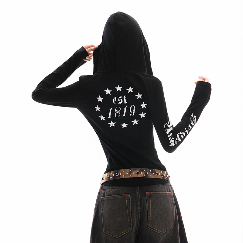 Orange Silk Women's Clothing # Retro Hooded Printed Long-Sleeved T-Shirt for Women Summer and Autumn Slightly See-Through Sun Protection Blouse Casual Slimming Look Top