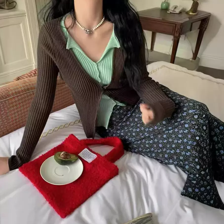 美式撞色假两件羊毛针织开衫女 早秋新款坑条修身V领上衣打底长袖