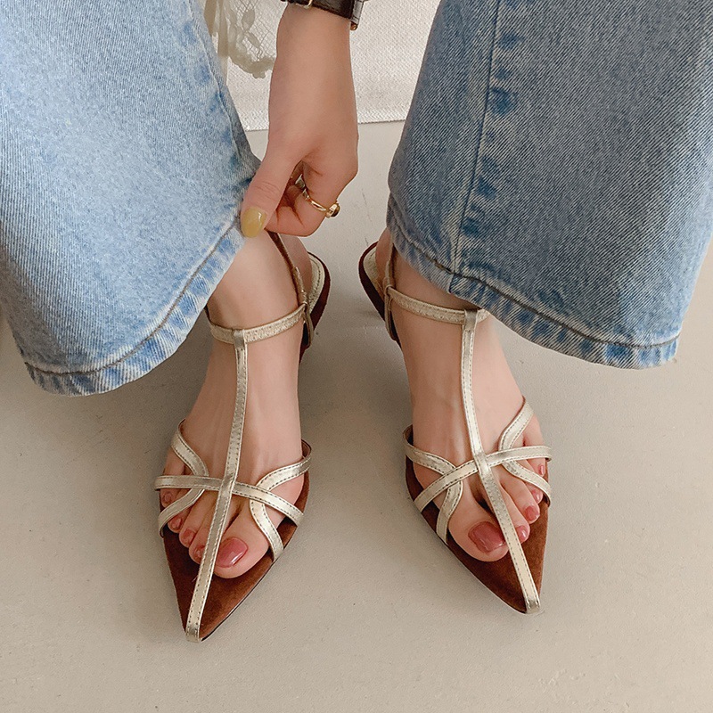 Sandal nữ quai mảnh hở mũi kiểu Pháp gót giữa 2025 — đen, vàng, màu đỏ chi tiết 9