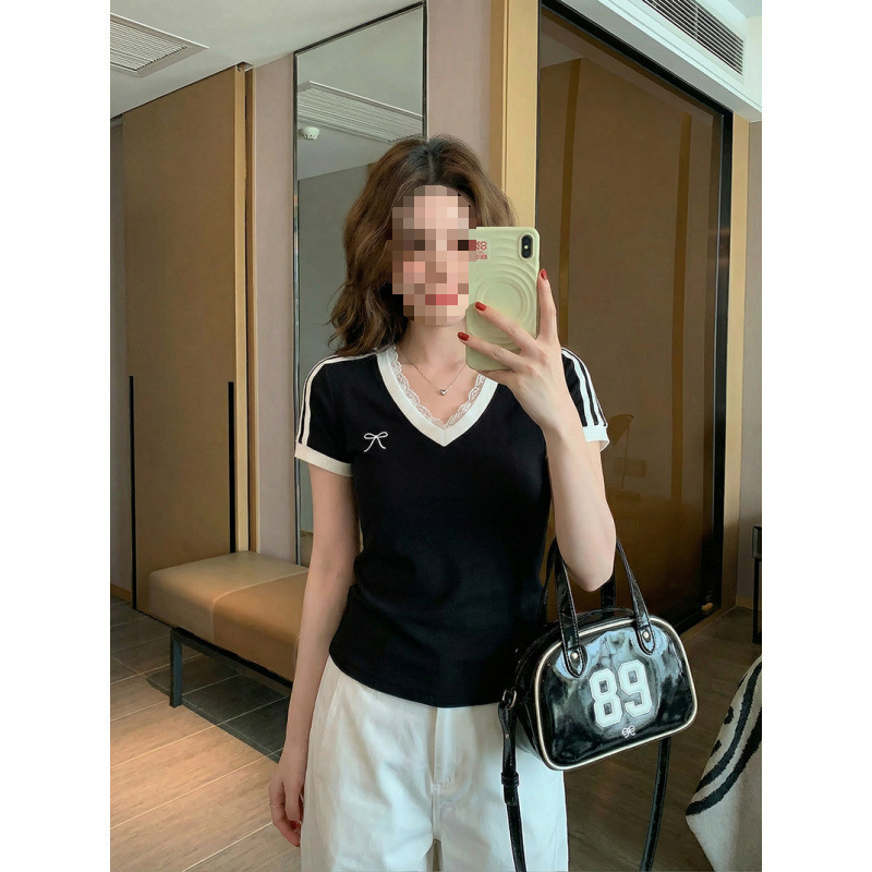 Can Add Embroidery and Print, 2*2 Pure Cotton Ribbed Short-Sleeve T-Shirt for Women, New Summer Style with Bow and Lace in Contrasting Colors