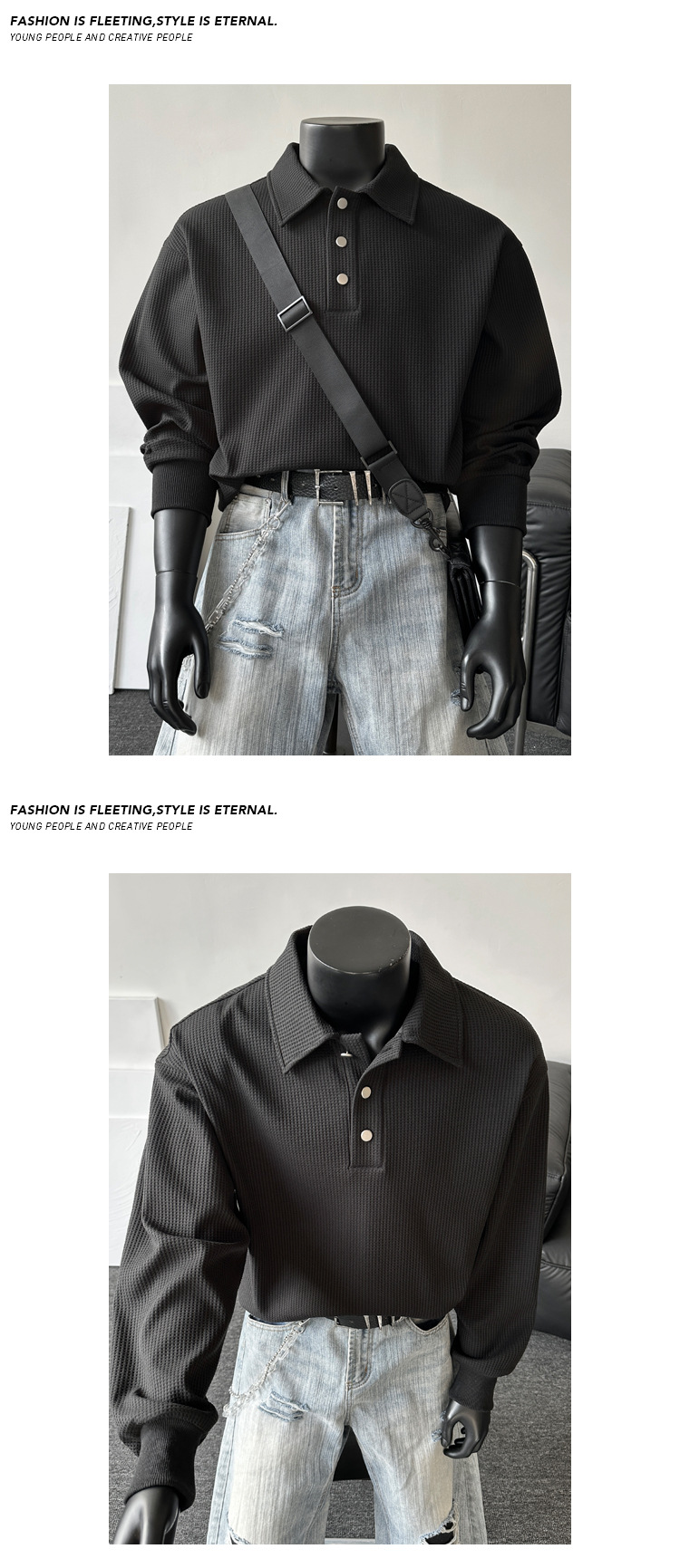 American-style Trendy Solid Color Waffle Knit Old Money Style 2026 Spring New Polo Collar Long-sleeve Sweatshirt, Unisex_voghion.com