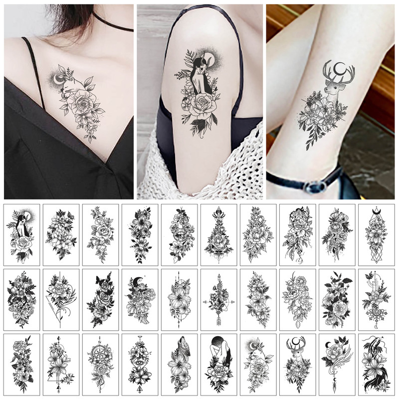 Cross-border New Sketch Flower Tattoo Sticker Advanced Sense Butterfly Black and White Scar Cover Rose Small Fresh Temporary Tattoo Sticker