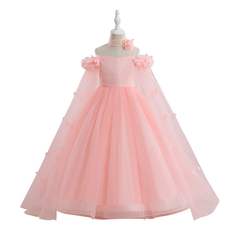 Amazon vestido de niñas vestido de princesa larga vestido de niñas espectáculo vestido de malla de cola vestido de niños al por mayor