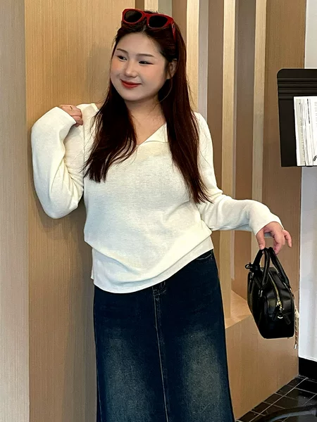 Plus-Size Women's Half-Open Lapel Top, Women's Base Layer Shirt, 2026 Autumn Basic Knitwear for Plus-Size Women, 23221