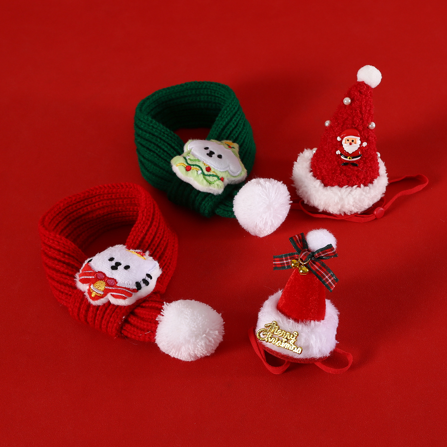 2024 bola de lana de mascota bufandas navideñas lana de punto rojo y verde dibujos animados para gatos y perros accesorios set de collares y sombreros image 3