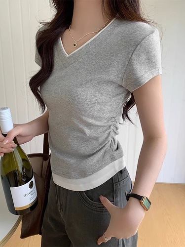 Women's Summer Short-Sleeve Collared Blouse with Cropped Hem, Puff Sleeve, Wrinkled, Fitted, and High-Waisted Two-Piece Top