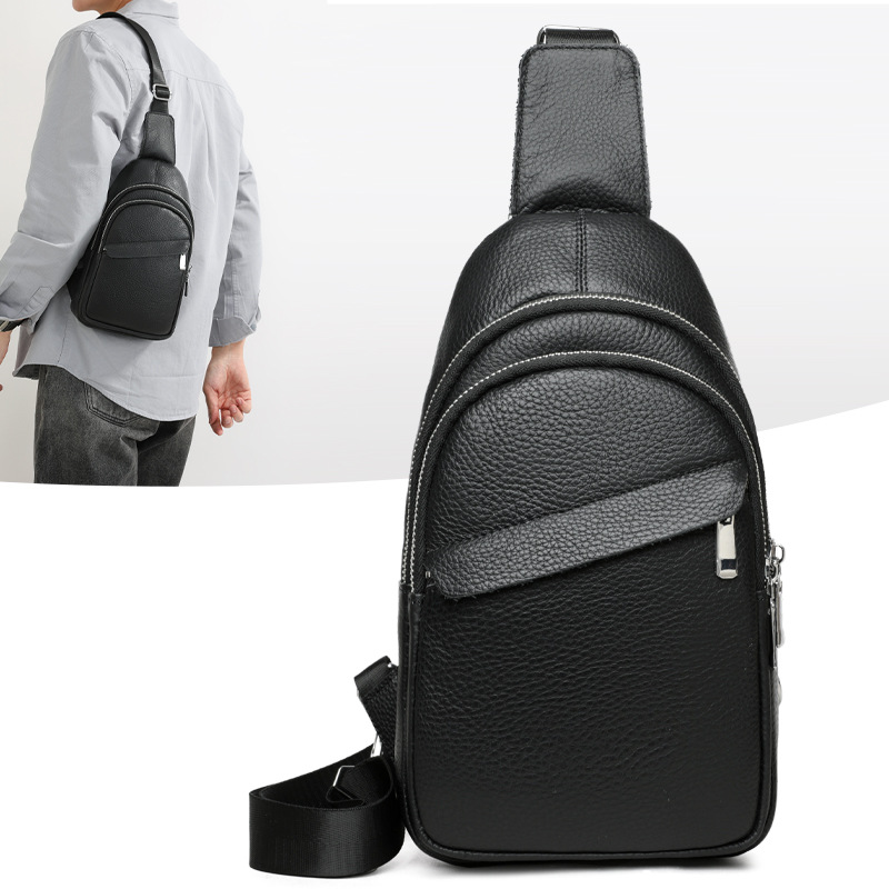 Chest Bag for Men, Genuine Leather Bag, Manufacturer Wholesale, First-Layer Cowhide Casual Shoulder Bag, Crossbody Bag, Fashionable Travel Sports Bag