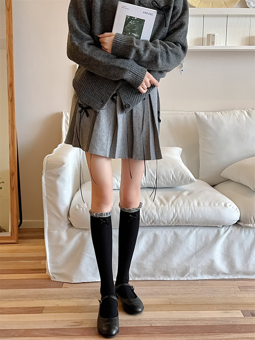Calzini autunnali e invernali Miu Bow Ankle, calzini lunghi da donna in pile tubolare con motivo verticale in pizzo stile foresta_voghion.com