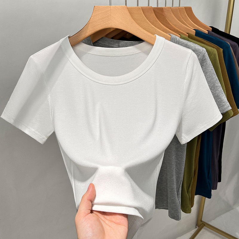 T-shirt de mangas cortas de rosca para mujeres 2025, nueva ropa de mujer de color sólido con camiseta de base elegante de cuello redondo de cintura