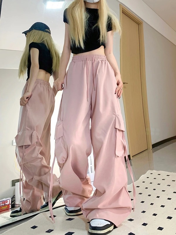 美式复古速干工装休闲裤女夏季薄款直筒飘带宽松拖地阔腿长裤|undefined