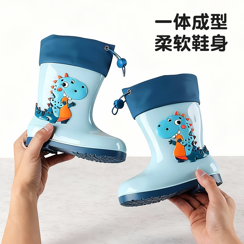 Manufacturer Wholesale Children's Rain Boots Cartoon Rain Boots Medium and Large Children's Rain Boots Girls Plus Velvet Boys Dinosaur Non-Slip Water Shoes Summer