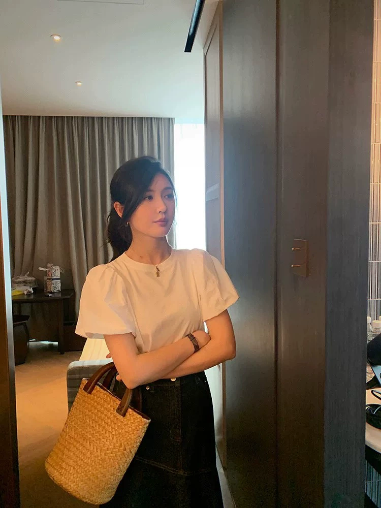 Летняя женская рубашка с короткими рукавами, новые высококачественные пышные рукава, рукава-фонарики, французский стиль, уникальные, шикарные и красивые топы.