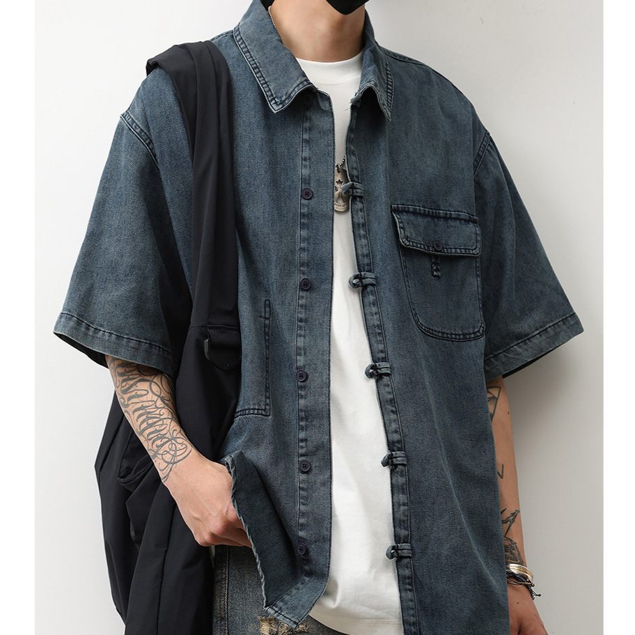 Denim Short-sleeved Shirt Summer New Chinese Niche Design Sense Buckle dark blue Shirt Men's National Style Coat Trend