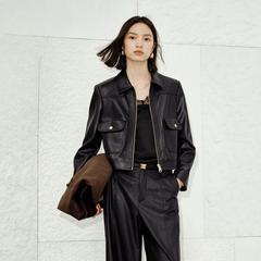 鸟系 黑色正肩仿蛋白PU皮衣外套女2025新款高级感翻领夹克女