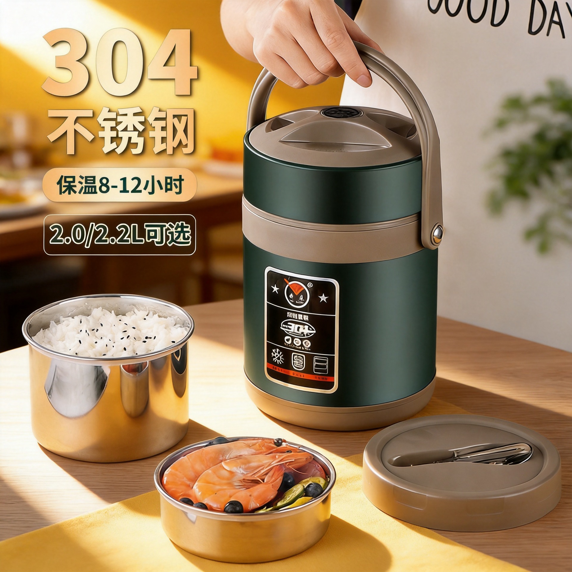 304 Stainless Steel Insulated Lunch Box, Household Convenient Lunch Container, Large Capacity Pot with Soup Spoon, Insulated Lunch Box