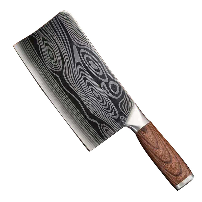 Fábrica en stock cubriendo Damasco hogar cocina cuchillo Acero inoxidable rebanar cortador de hueso imitación madera grano mango cortar cuchillo
