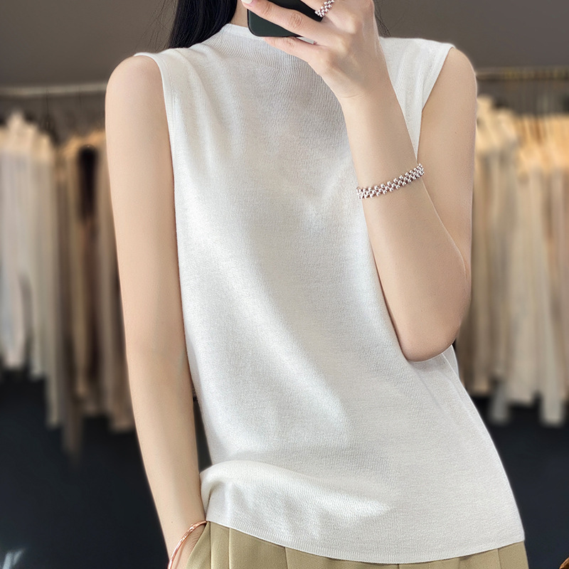 Spring and summer new semi-high collar sleeveless worsted wool knitted camisole women's inner thin base shirt top