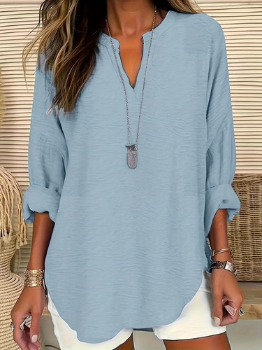 Vibrant Solid Color Notch Neck Blouse Stylish Casual Long