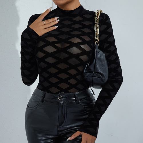 Foreign trade sexy nightclub style flocked mesh design see-through waist slimming long-sleeved round neck jumpsuit A1297