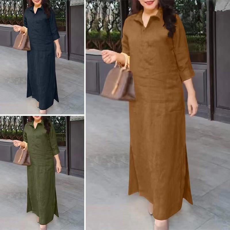 Cross-Border 2026 Spring and Autumn New Solid Color Lapel Long-Sleeve Simple Loose Casual Long Dress Wholesale for Export