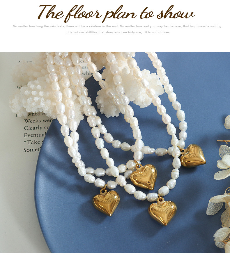 Fashion Heart Shape Titanium Steel Plating Artificial Pearls Pendant Necklace 1 Piece