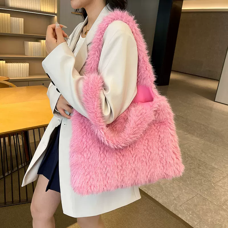 冬季新款毛绒包包女潮流大容量托特包韩版简约时尚手提单肩毛毛包