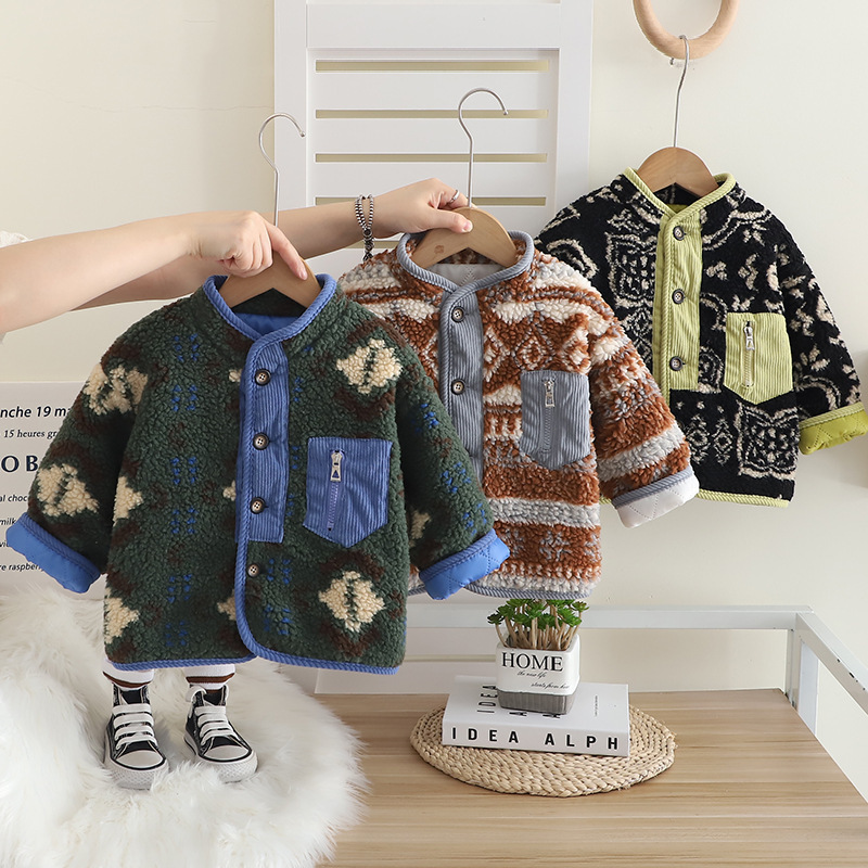 Boys' Winter Thickened Coat Children's Cotton-padded Coat Boy's Winter Lambskin Sweater Boy's Retro Style Coat