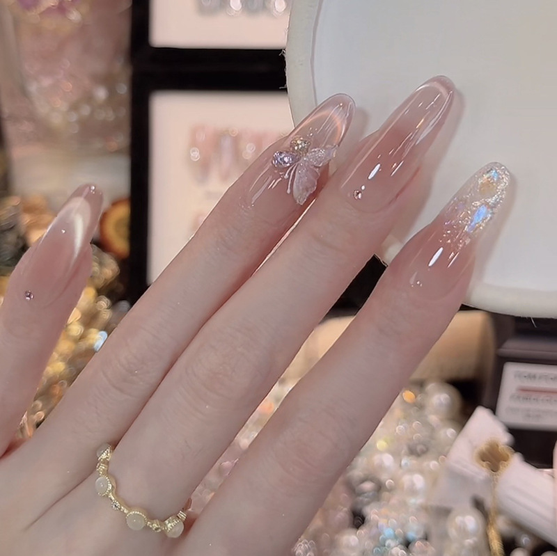 【White Gauze Butterfly Dream】New Style Pure Handmade Wearable Nails, Light Luxury Cat Eye Aurora Diamond, High-End Whitening Wearable Nail Pieces