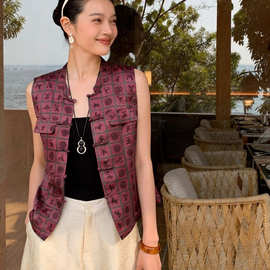 新中式唐装印花红色上衣女2026秋季新款盘扣马甲高级漂亮无袖背心