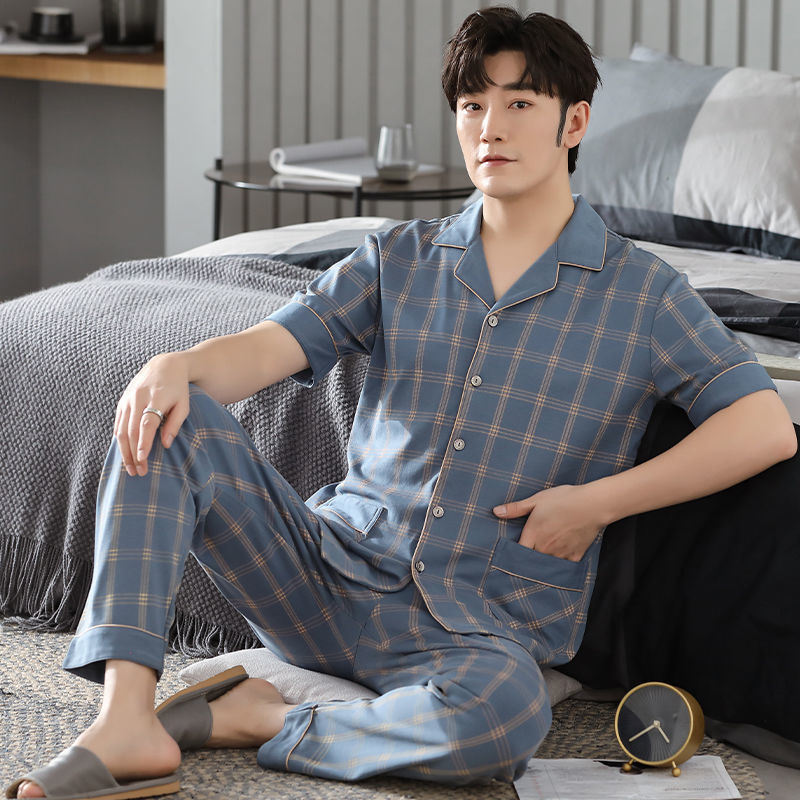 Pijamas de algodón de verano para hombres pantalones de manga corta cardigan delgado más tamaño mediano y joven traje homewear