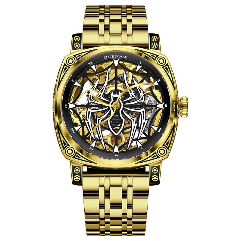Đồng hồ nam Automatic Skeleton lộ máy chống nước mặt số nhện phát quang dây da thật