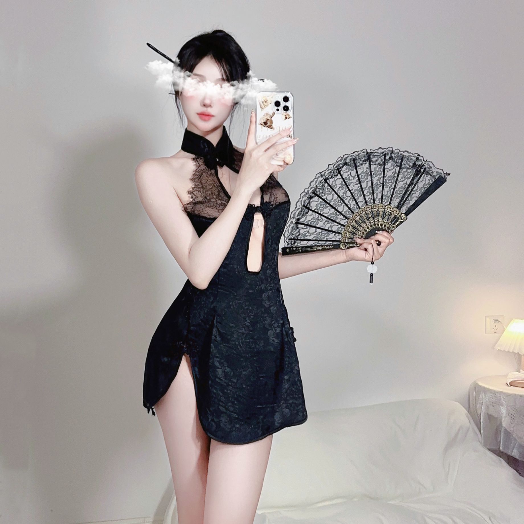 Tao Tao Nai Sexy Guofeng Cheongsam Nightdress Sexy Underwear Ultra Short Hollow dress Retro High Split Skirt 8061
