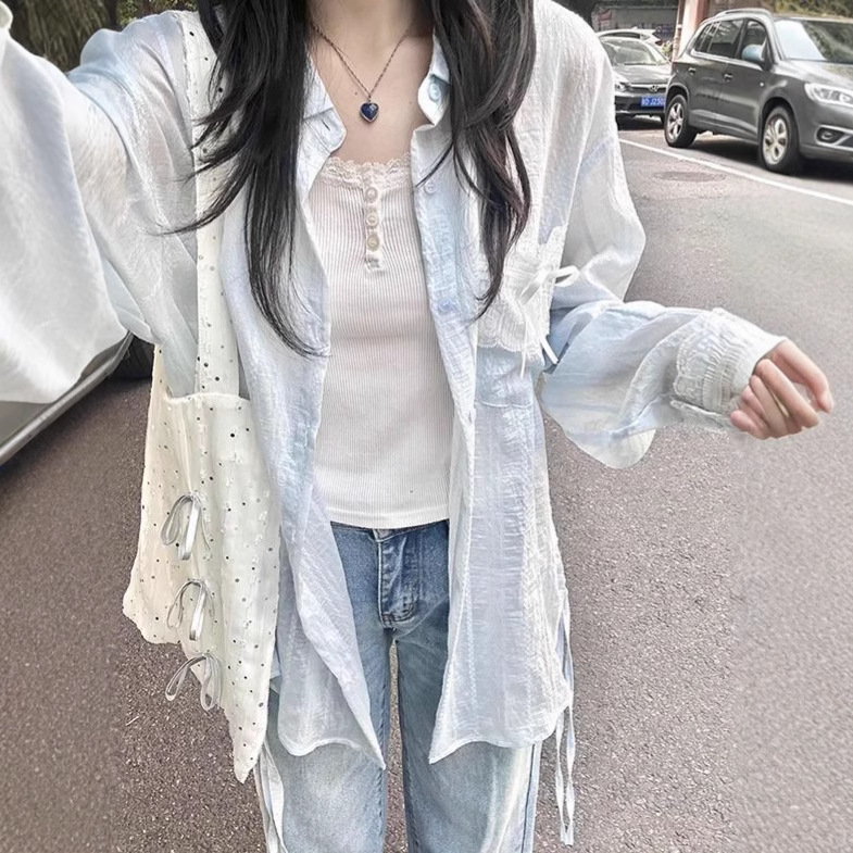 Light Blue Long-Sleeved Shirt Jacket Women's Thin Summer New Design Niche Shirt Lace Sun Protection Top