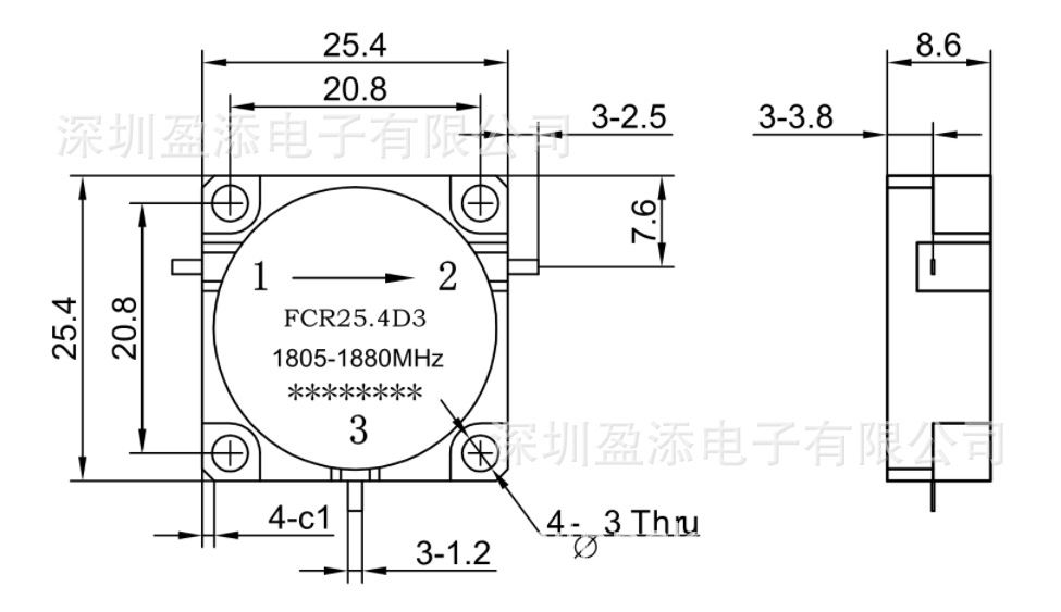 带线环形器25.4*25.4/1805-1880MHz 200W嵌入式环行器 频段可定