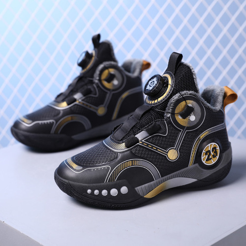 Drop shipping winter leather plus velvet cotton shoes with swivel buckle practical basketball shoes for teenagers and children's sports shoes