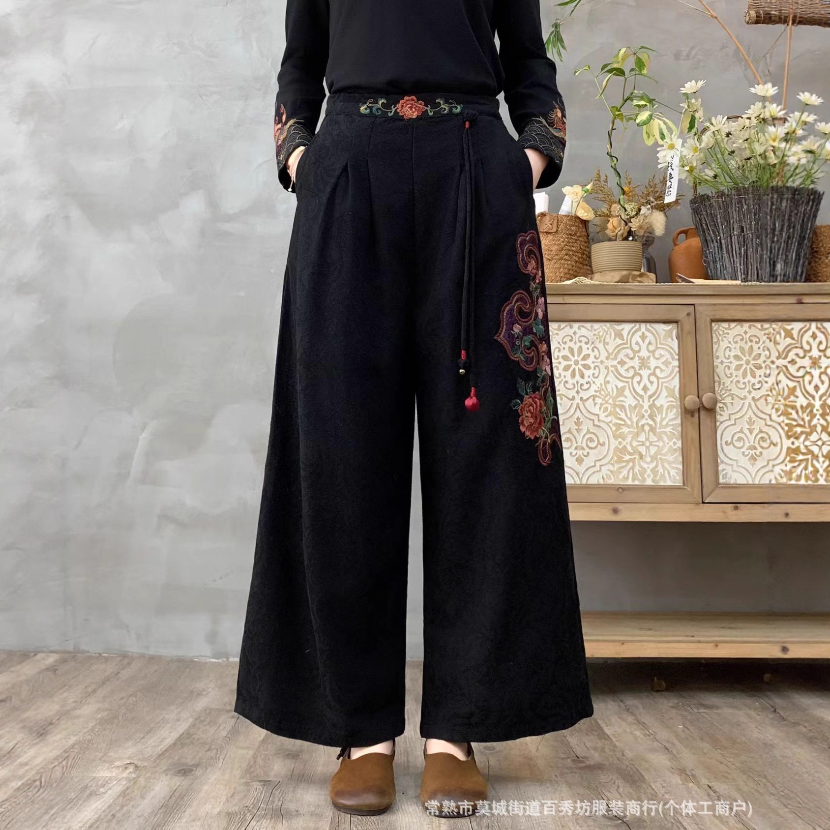 国风刺绣提花棉麻女民族风秋冬长裤2025新款高腰夹棉阔腿裤棉裤
