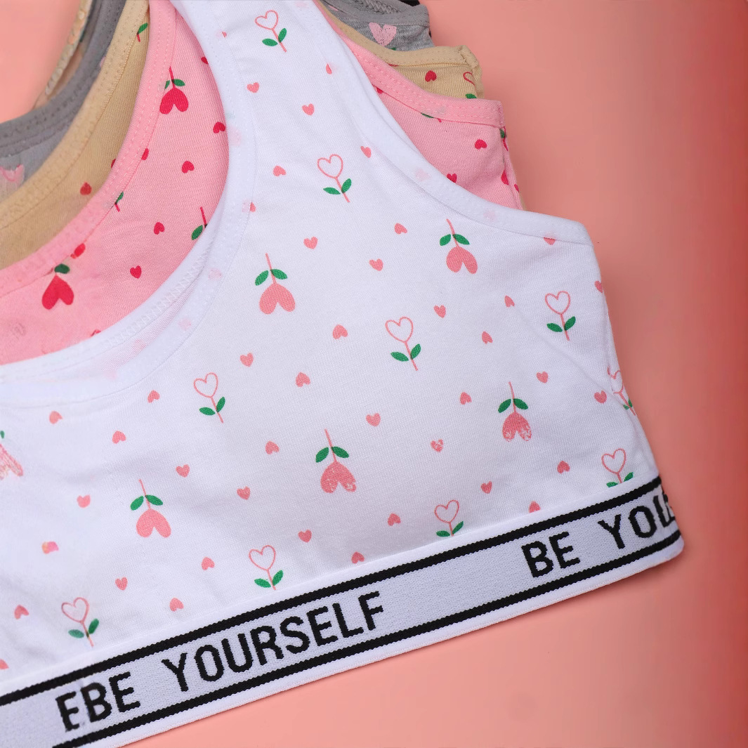 Impresión linda niña ropa interior niña período de desarrollo sujetador algodón deporte a prueba de golpes chaleco de copa fija traje de bragas