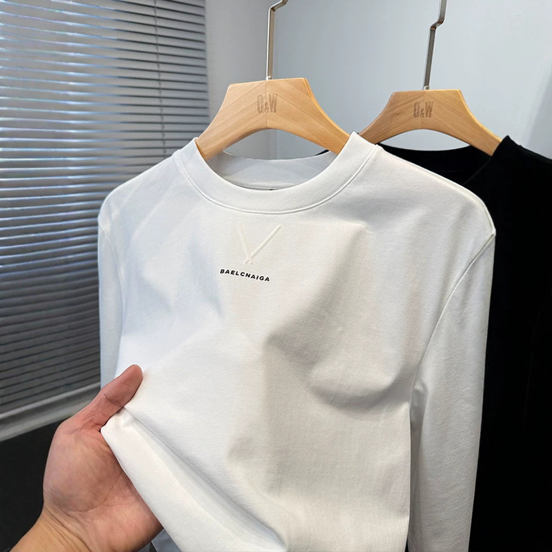 High-end Xinjiang long-staple cotton white long-sleeve men's t-shirt, new spring model, pure cotton, round neck, versatile solid color base shirt for men High-end Xinjiang long-staple cotton white long-sleeve men's t-shirt, new spring model, pure cotton, round neck, versatile solid color base shirt for men