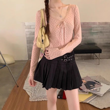 5080#德绒软糯碎花内搭v领长袖小上衣女2024秋季性感修身蕾丝T恤