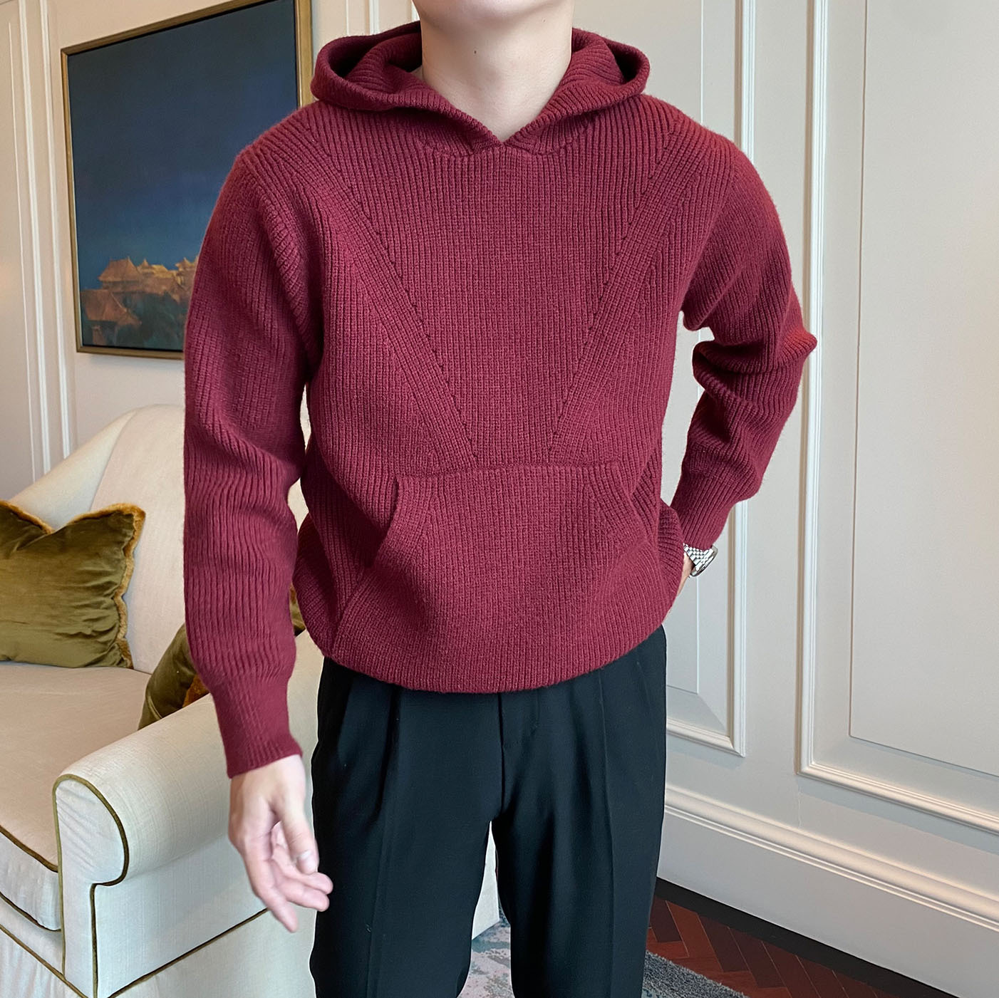 Herren-Strickpullover mit Kapuze – Stilvoller britischer Business-Casual-Wintermantel, warm und bequem, atmungsaktiv und maschinenwaschbar (Schwarz, Blau, Rot)_voghion.com