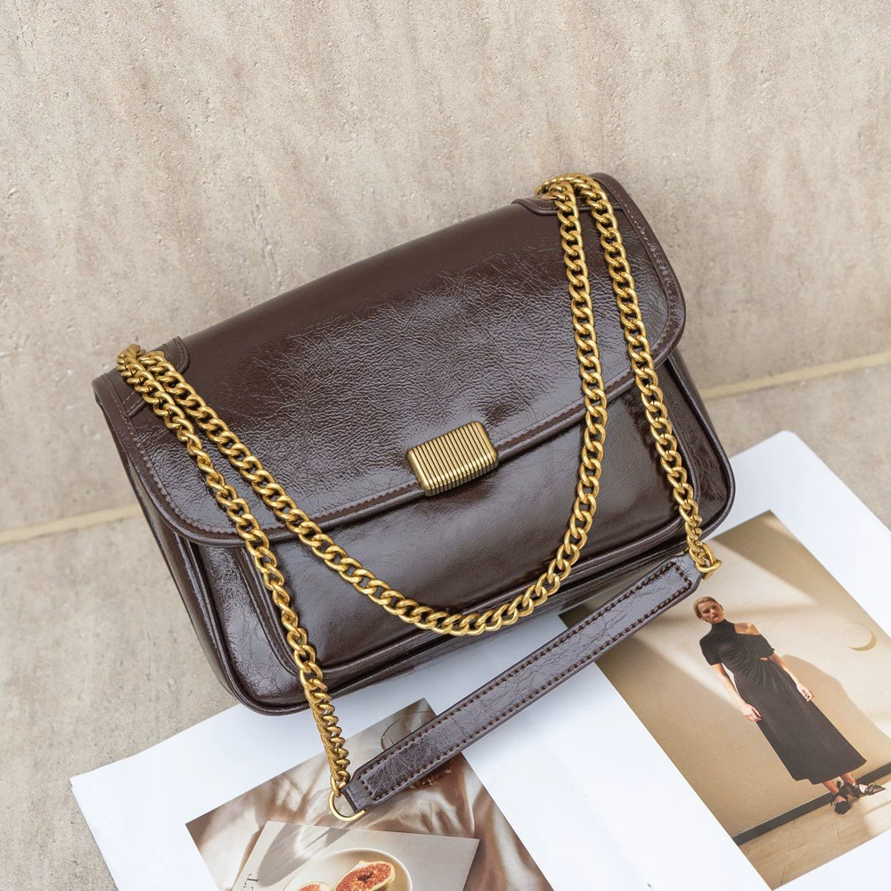 Ретро кожаная сумка с цепочкой, универсальная сумка через плечо на одно плечо, высококачественная модель, кожаная