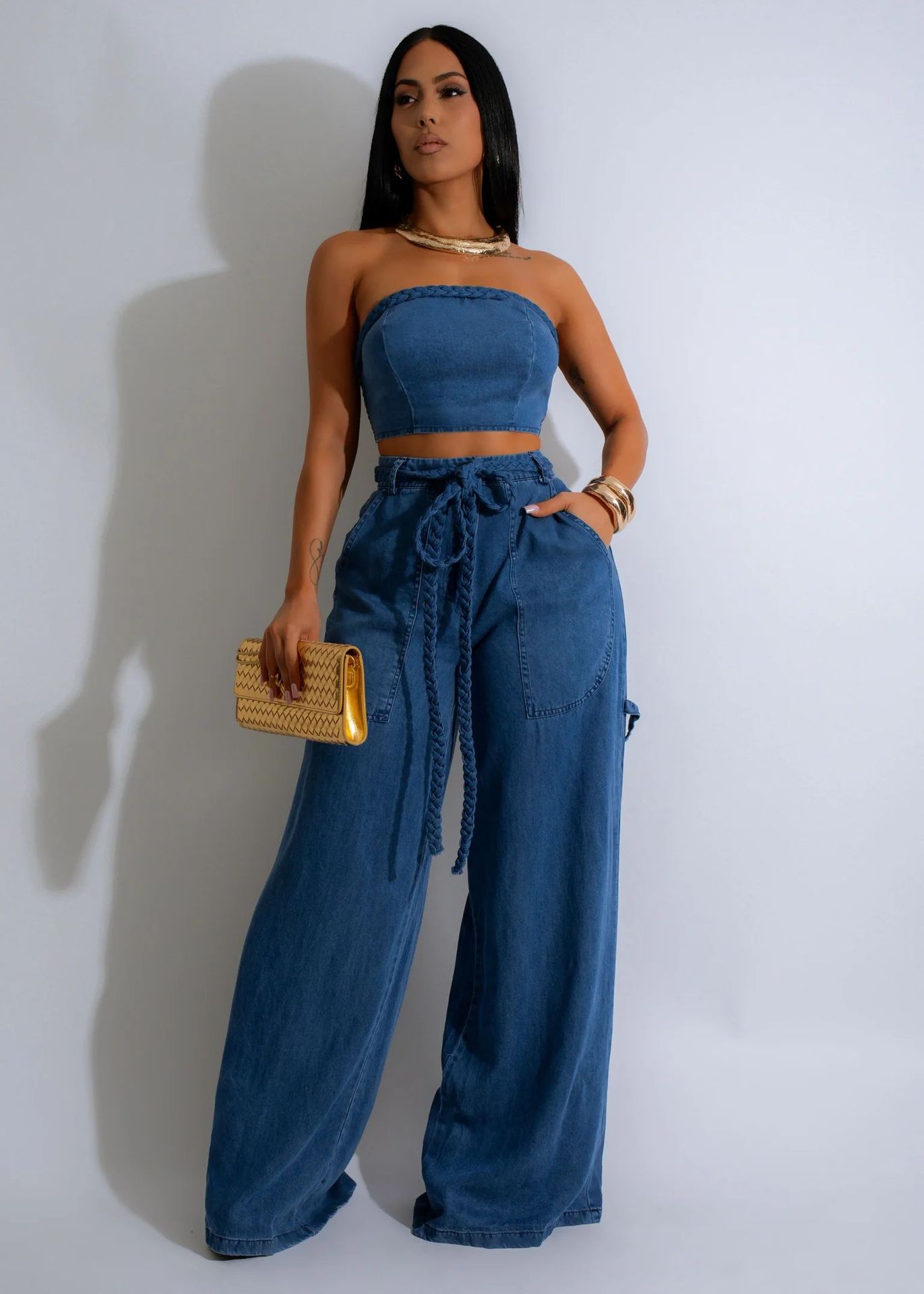Europese en Amerikaanse damesmode herfst/winter, populaire bestsellers: casual denim tube top met gevlochten details._voghion.com