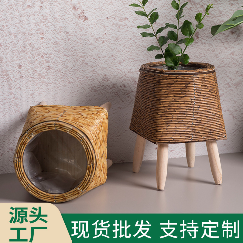 Estilo nórdico ratán creativo maceta soporte de paja cesta de flores sala de estar balcón piso soporte de flores decoración de escritorio