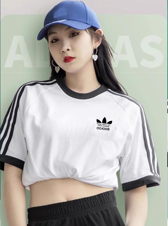 ジェニーと同じスタイルのスリーストライプラウンドネックピュアコットン半袖Tシャツレディースサマーシャムロック韓国風半袖カジュアルプルオーバー|undefined